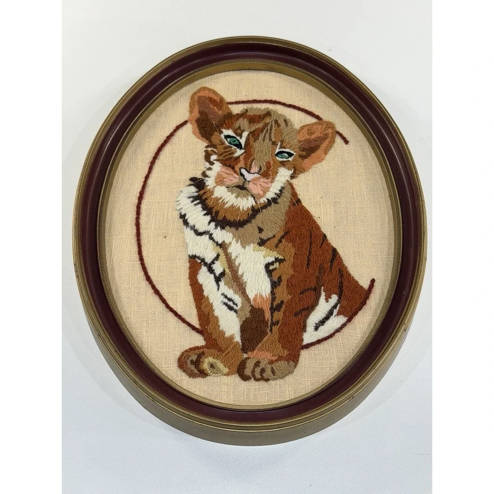 Vintage Crewel Embroidery Tiger Cub Framed Wall Art Handmade Oval Needlecraft